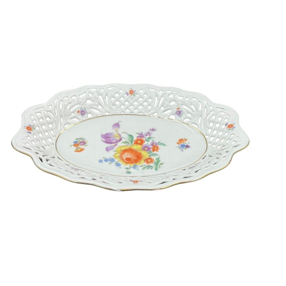 Vintage SCHUMANN Porcelain Pierced DRESDEN FLOWER Bouquet Oval Bowl Tray 12”